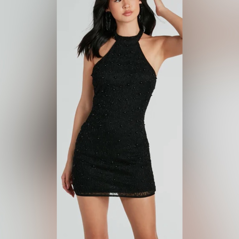 Black Beaded Halter-Back Mini Dress